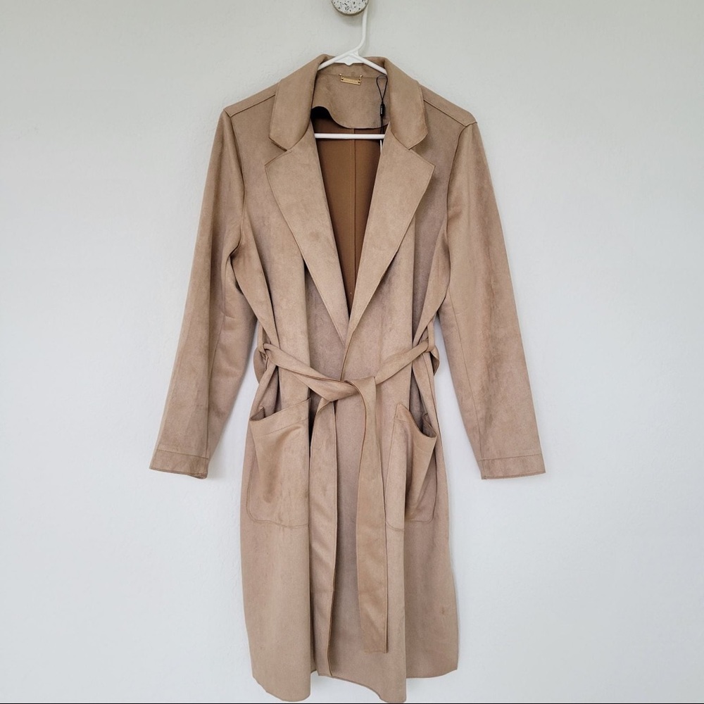 T Tahari tan/light camel faux suede trench coat
